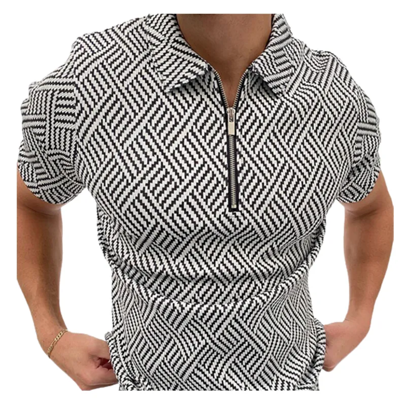 2022 Summer Plaid Print Zip Up Designer Golf Polos T-shirt For Men Slim Fit Zipper Lapel Short Sleeve Casual Polo T Shirts