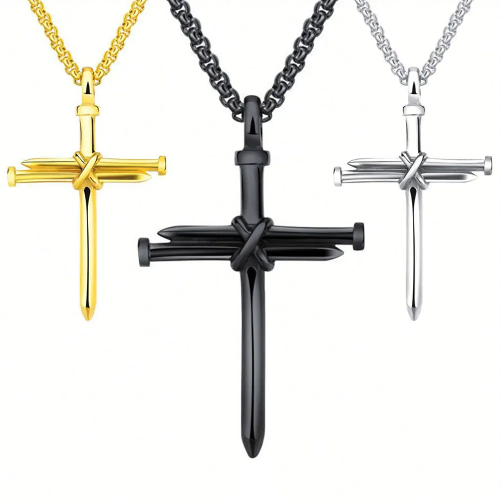 Cross Necklace Stainless Steel Gift Jewelry Mens Womens Fashion Nail Jesus Cross Charm Pendants Christian Religious Nail Jewelry