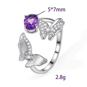 9 Vintage 925 Silver Brushed Matte Butterfly Open <b>Adjustable</b> <b>Ring</b> 5*7mm Oval Natural Crystal Stones Jewelry for Women - Product Image 6