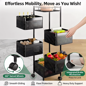 מטבח מארגן מסגרת חמש שכבות מתכת עם גלגלים נשלפים עם גלגלים נשלפים חמש שכבות של פירות & ירקות - Product Image 5