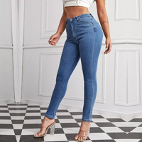 Jean slim taille haute pour femme, pantalon en Denim, couleur unie, bleu