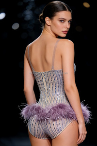 Zimaotiao Combinaison une pièce à décolleté plongeant, moulante et sexy, à plumes, entièrement ornée de strass, pour spectacle disco - Product Image 3