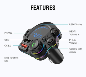 QC3.0 PD 20W เครื่องชาร์จเร็วแบบคู่ในรถยนต์เครื่องส่งสัญญาณ FM บลูทูธเครื่องเล่น <span class=keywords><strong>MP3</strong></span> แฮนด์ฟรีโทรแสงสีสันสดใสการ์ด TF ยูดิสก์ 32GB - Product Image 5