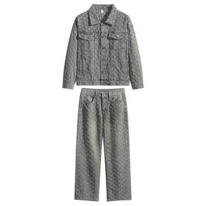 Costume <span class=keywords><strong>en</strong></span> jean pour <span class=keywords><strong>homme</strong></span>, veste polyvalente printemps-automne avec motif jacquard, chemise à col décontractée et tendance, pantalon <span class=keywords><strong>large</strong></span> - Product Image 1