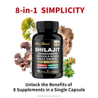 Capsules de résine de Shilajit naturelles enrichies en Ashwagandha et curcuma, améliorent la fonction cognitive et la concentration, un complément alimentaire.