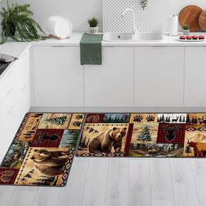 Ensemble de tapis de cuisine en velours cristal, rectangulaire, motif patchwork ours et cerf, antidérapant, absorbant, en fibre de polyester, lavable en machine - Product Image 1