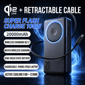 Qi2.2 พาวเวอร์แบงค์แบบกึ่งแข็ง 20000mAh 100W สายชาร์จแบบยืดหดได้ สำหรับโทรศัพท์ แท็บเล็ต แล็ปท็อป - Product Image 1
