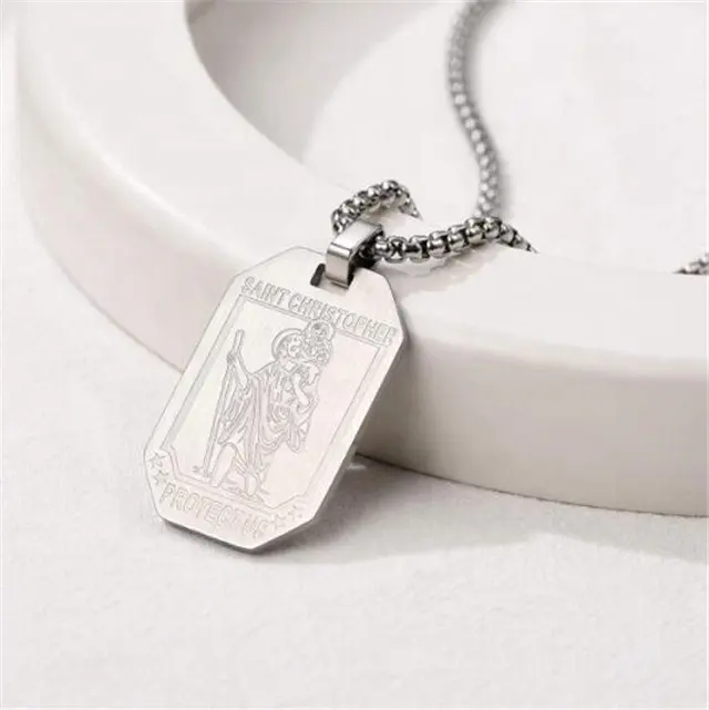 Yiwu Aceon Stainless Steel Christian Jewelry Square Box Chain Geometric Rectangle Tag St. Saint Michael Archangel Pendant