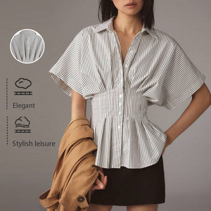 Europa y América cintura <span class=keywords><strong>camisa</strong></span> Casual <span class=keywords><strong>Joker</strong></span> rayas tejido verano Vintage moda botón frontal decoración patrón sólido <span class=keywords><strong>Joker</strong></span> <span class=keywords><strong>camisa</strong></span> - Product Image 6