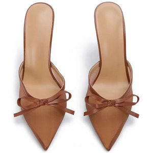Chất Lượng Cao Thời Trang Nâu Lưới Bow Tie Mỏng <span class=keywords><strong>Hi</strong></span> Giày Gót Mules Cho Phụ Nữ - Product Image 2