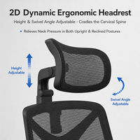 Chaise de bureau ergonomique à dossier haut en maille avec appui-tête 2D, support lombaire fixe et base araignée