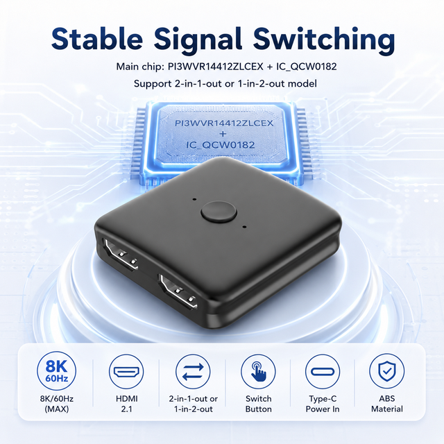 Bi-Directional 8K HDMI Switch 60Hz 2 in 1 Out 1 in 2 Out HDMI Splitter Switcher PI3WVR14412 Type C Power Box for PC PS5