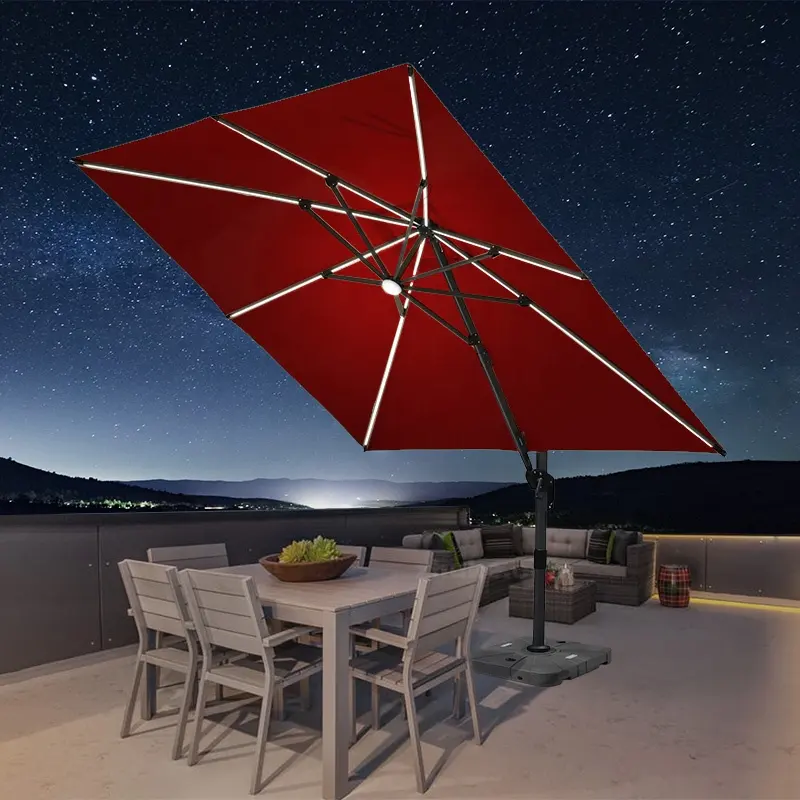 Nuevo diseño al aire libre Patio sombrilla impermeable Hotel cuadrado en forma de paraguas LED brillante lujo ocio paraguas