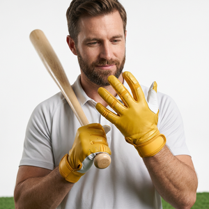 Gants de frappe de baseball SAAR INDUSTRIES antidérapants en cuir Cabretta jaune et blanc, fermeture auto-agrippante, ambidextres, anti-transpiration - Product Image 1