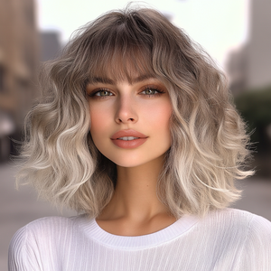 Peluca Sintética Ondulada Corta Marrón Resistente al Calor con Flequillo, Cabello Ondulado Natural <span class=keywords><strong>para</strong></span> Mujer, Modelo SM030, 2026 - Product Image 4