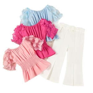 Set Estivo Tre Pezzi per Ragazze Europee e Americane: Top con Maniche a Sbuffo in Rete, Pantaloni a Trombetta Tinta Unita e Cintura - Product Image 6