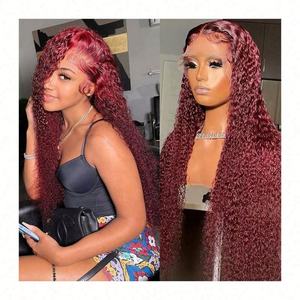 Perruque 99J Blond Roux Mélangé Ondulé Effet Mouillé 13x4 avec Dentelle Transparente Racine Foncée Cheveux Humains Vierges Remy Longs Bouclés Densité 180% - Product Image 1