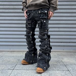 جينز مخصص جودة عالية هوممي متوهج الصين بالجملة كومة متعددة الأحماض غسل فضفاض الرجال الشارع الجينز الأسود - Product Image 1