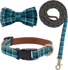 Conjunto de correa para collar de perro, collares ajustables a cuadros clásicos con pajarita extraíble para perros pequeños, verde y medianos - Product Image 1