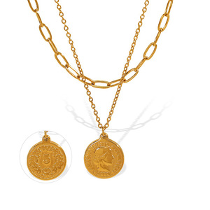 Collier avec pendentif en forme de pièce de monnaie pour femmes, en alliage de zinc, breloque ronde, chaîne de clavicule, bijoux de style européen - Product Image 5