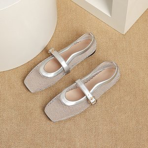 Nouvelles sandales respirantes en maille 2026, style ballerine à bride unique, chaussures plates Mary Jane évidées à bout carré - Product Image 2