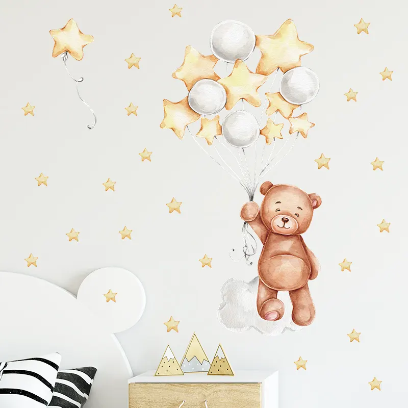 Nursery baby room wall wardrobe decoration removable 3D wall stickers cute brown bear holding star balloon wall stickers