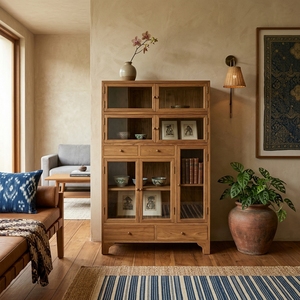 Wood Storage Cabinet With Glass Doors And <b>Drawers</b> Classic Style Three Layer Standing Type For Living Room Organization - Product Image 2
