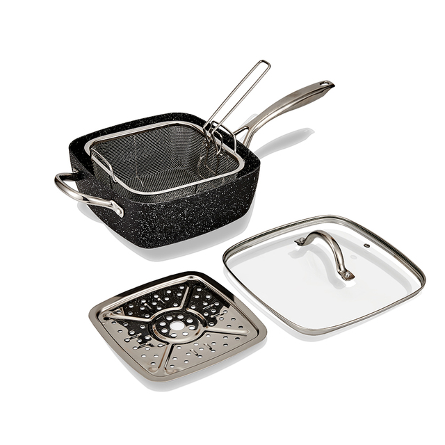 JEETEE OEM Stretched Aluminum Light Green Non-Stick Square Soup Pot Interior Xylan Plus Non-Stick Coating With Food Steamer