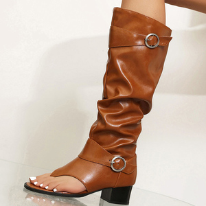 Bottes hautes d'été grande taille 48 pour femme, à bout ouvert, avec ceinture et boucles métalliques, talons carrés bas, fermeture éclair latérale - Product Image 4