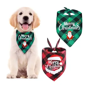 Pañuelo personalizado clásico a cuadros para mascotas triángulo Feliz Navidad Santa muñeco de nieve estampado pañuelos para mascotas