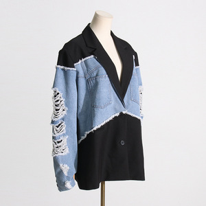 2025 automne <span class=keywords><strong>Vintage</strong></span> Denim Blazer <span class=keywords><strong>veste</strong></span> pour femmes Colorblock bouton unique manteau court avec gland décoration nouveau Patchwork Design - Product Image 4