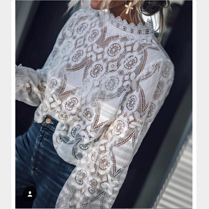 Chemisier Élégant Vintage en Dentelle Femme, Manches Lanterne Évidées, Col Montant, Hauts Féminins Chic - Product Image 5