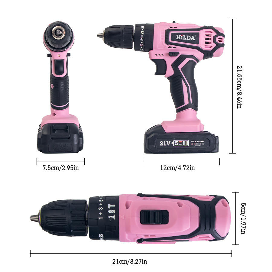 HILDA 21V Pink Cordless Electric Drill Driver 45PCS Tools Set