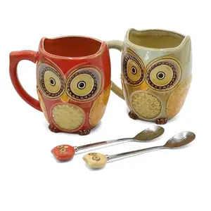 Juego de tazas de cerámica con cuchara para hombre y mujer, juego de 2 tazas de café de cerámica con búho, cucharas, tazas de té de oficina, 12 oz