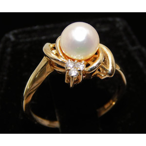 14K anello di perle d'oro con 6 diamanti - Product Image 2