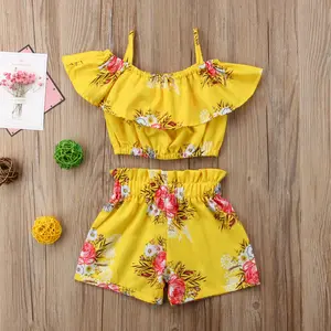 2020 2-6Year Girls Clothes Set Summer Toddler Kid Baby Girl Ruffles Floral Printed Straps Off Shoulder Tops and Shorts 2Pcs Sets