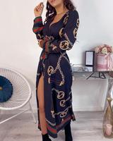 Dernières robes décontractées pour femmes col V sexy bandage fente haute manches longues imprimé grande taille tendance