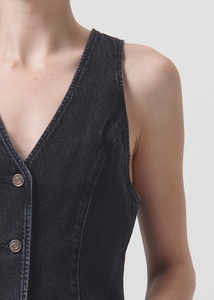 Gilet décontracté <span class=keywords><strong>en</strong></span> <span class=keywords><strong>jean</strong></span> <span class=keywords><strong>noir</strong></span> délavé écologique pour <span class=keywords><strong>femme</strong></span>, <span class=keywords><strong>sans</strong></span> manches, col <span class=keywords><strong>en</strong></span> V, avec boutons argentés, ourlet asymétrique, <span class=keywords><strong>veste</strong></span> courte et cintrée - Product Image 2