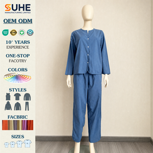 SUHE Women's Linen Pajamas <b>Set</b> Long Sleeve V-Neck Full Length Solid Blue Breathable Casual Sleepwear Spring - Product Image 2