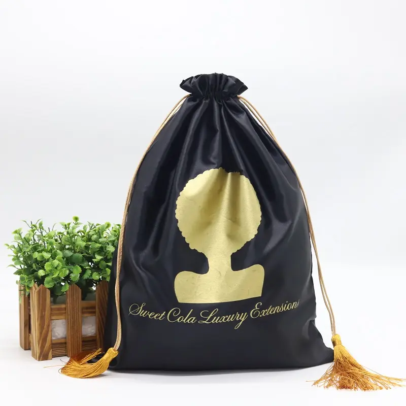 Custom Logo Silk Satin Hair Extension Drawstring Bag Handbags Lingerie Clothing Dust Storage Packaging Bags with Tassel