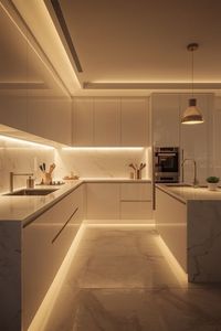 <span class=keywords><strong>Cuisine</strong></span> moderne minimaliste de luxe CBMmart avec éclairage chaleureux, armoires de <span class=keywords><strong>cuisine</strong></span> couleur beige, panneaux de <span class=keywords><strong>porte</strong></span> laqués, plan de travail en pierre frittée - Product Image 6
