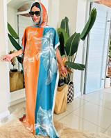 Robes Caftan Dame 2024 Vente en Gros, Mode Taille Unique Satin Imprimé Robe Longue Africaine Musulmane avec Foulard Abaya