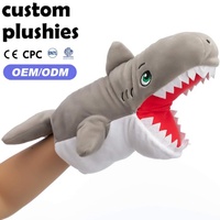 Marionnette en peluche requin gris en gros d'usine, marionnette en tissu de haute qualité en forme d'animal marin avec yeux brodés pour enfants