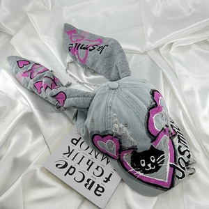 Niche Design Y2K Style américain casquette de Baseball Graffiti Punk Denim trou dans le trou oreilles de lapin chaîne Hottie personnage été décontracté - Product Image 3