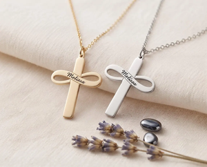 Collier personnalisé en acier inoxydable <span class=keywords><strong>avec</strong></span> croix infinie, plaqué or 18 carats, gravure personnalisée du nom, bijoux de foi chrétienne pour femmes, cadeau - Product Image 4