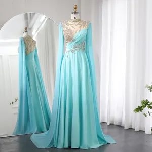 Kap kollu ile lüks kristal turkuaz mavi abiye 2024 yüksek boyun arapça kadınlar düğün parti elbise Sz207