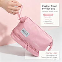 Trousse de Maquillage de Voyage Rose en Nylon, Double Compartiment, Fermeture Éclair, Poignée Supérieure, Légère et Portable