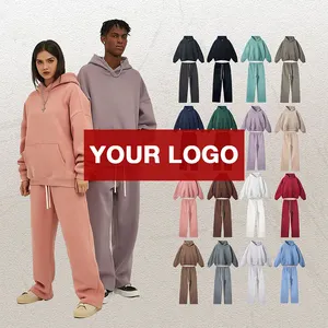 2024 Vrouwen Jogger Zweetpak Wijd Uitlopende Sweatsuit 500 Gsm Trainingspak Custom Logo Hoodie En Joggingbroek Sweatbroek Set Voor Heren Unisex