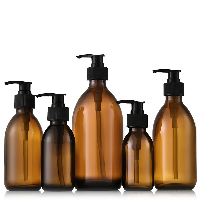 Lotion-Pump-Glas Shampooflasche bernsteinfarbene Kosmetik-Sebdruck runde Schraubverschluss-Hautpflege Ätherisches Öl Glas-Tropfflasche 460