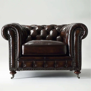 أريكة غرفة معيشة من الخشب المصمت بسحَّاب من الخشب المصمت بطبقة من جلد البقر بطبقة فنية على الطراز الأوروبي طراز كلاسيكي - Product Image 4